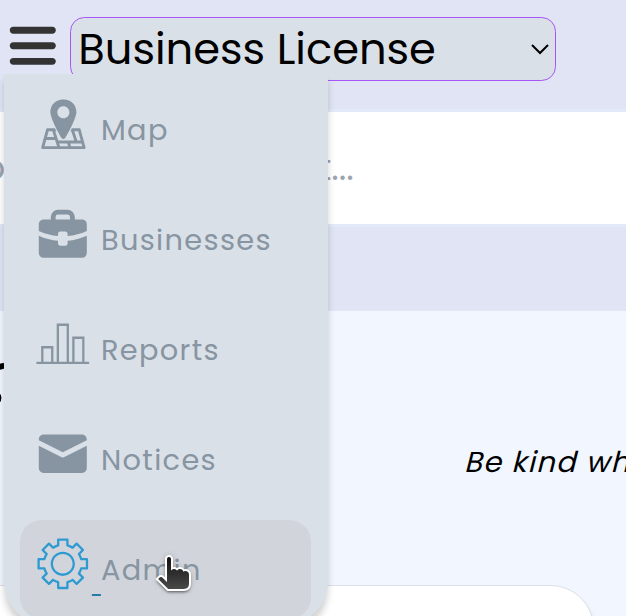 Menu with the 'Admin' menu item highlighted