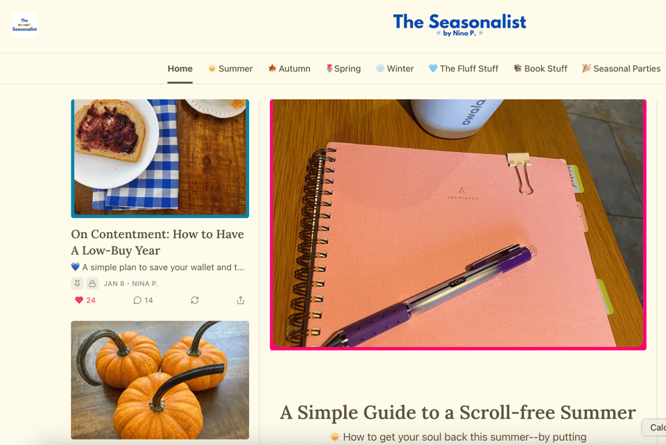 screenshot of the Seasonalist newsletter homepage
