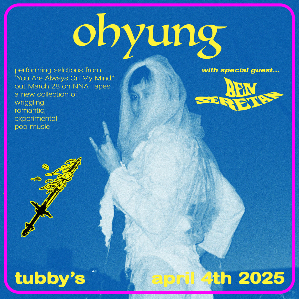 OHYUNG in a kinda sexy bridal getup turns back to give the camera the rock and roll devil horns near a flaming sword - flyer for a gig at tubby's in Kingston on April 4th, 2025