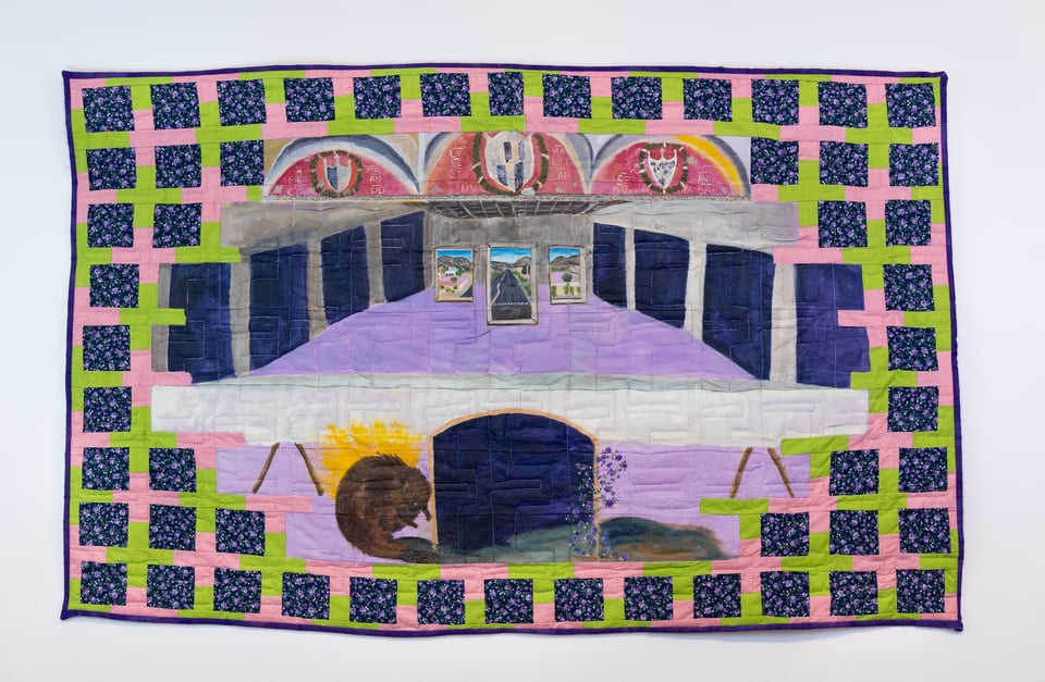 A quilted painting in purple, pink and green inspired by DaVinci's last supper fresco created by Kandace