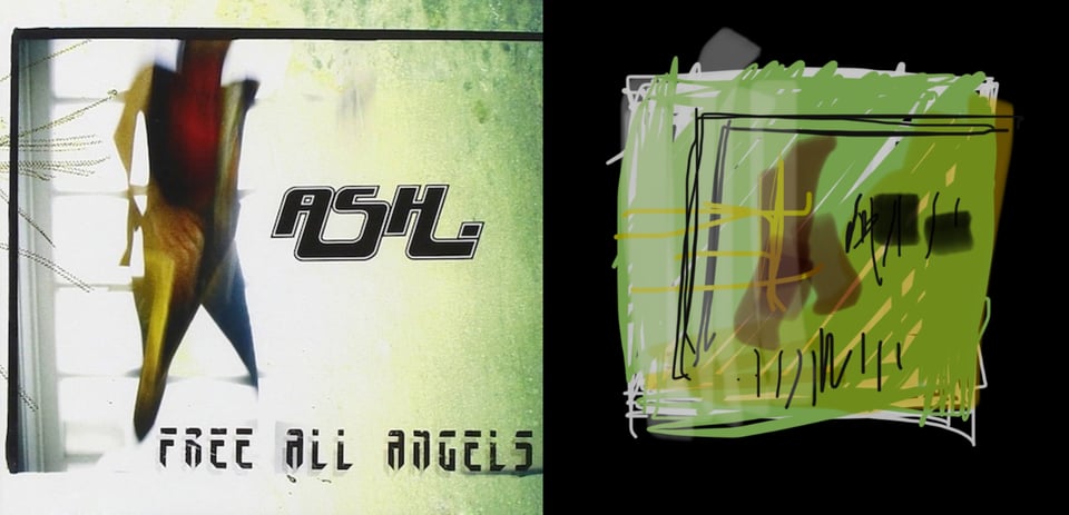 This is a highly abstract picture that is hard to describe, partly because I'm not sure what I'm looking at it. The base picture appears to be a photo of a window, the light blowing out the image, with a green wall visible on the right. Overlaid on top of the window is the outline of a vague humanoid form, with a head, torso, arms and legs, although it's possible I'm seeing a form where none is intended. The humanoid form acts as a frame for another picture, but it's difficult to say what it is. It looks like there is a hand resting on the corner of a yellow box-shape, but again, I'm not sure if that's really there.