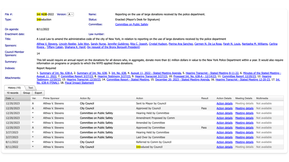 A screenshot from NYC's legistar showing Introduction 638's public records