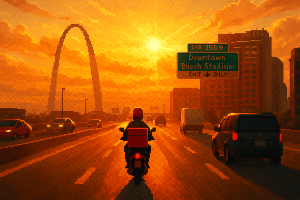 screenshot from Alice Bucknell's Coyote Time. A pixel art view of a highway, with a delivery driver in the center of frame. The St. Louis arch is visible to the left.