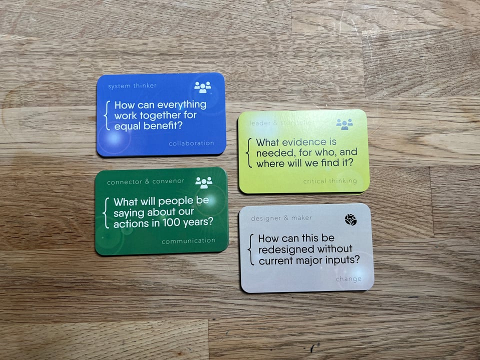 A ‘critical quartet’ of four question cards from the Regenerative Design Field Kit