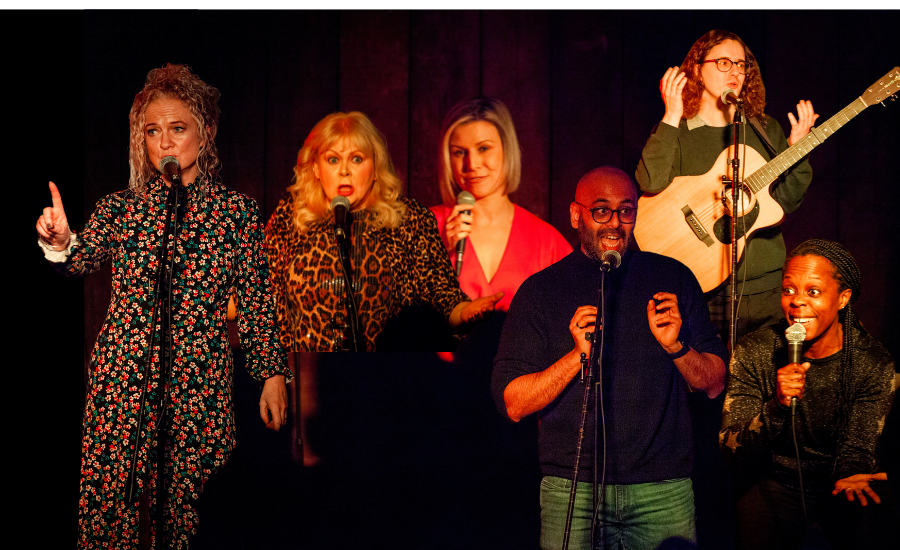 Image of storytellers from the March show of True Story - Vic Dry, Martha McBrier, Karinne Faddy, Akshay Gajira, Ellis Ballard, Heleana Blackwell
