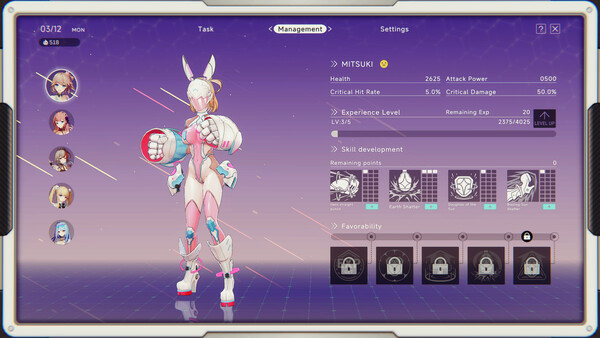 Menu screen in UltraGirl Alters, selecting the character Mitsuki who looks like a sexy slim young woman with robotic arms and rabbit ears.