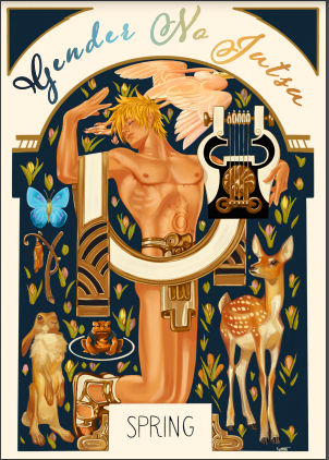 Gender No Jutsu cover. Naruto is drawn in a painted antiquity style and posed like a Greek God with animals and flowers surrounding him.