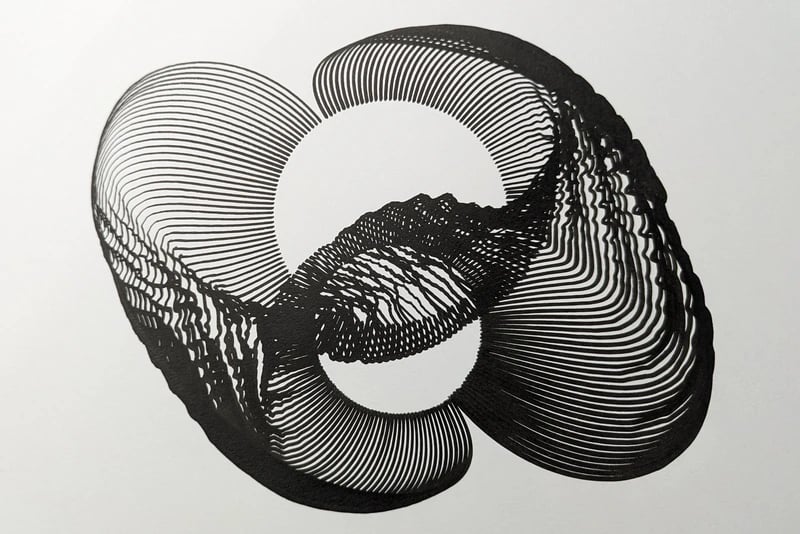 A pen plotted design with black in ond white paper. The lines are of variable thickness and created with a brush. The design connects tens of points on one circle to points on another circle. The resulting image resembles an open sea shell with two large pearls inside.