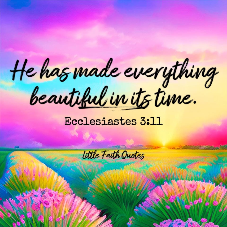 "He has made everything beautiful in its time. He has also set eternity in the human heart; yet no one can fathom what God has done from beginning to end." ~Ecclesiastes 3:11. A field of lavender flowers spans as far as the eye can see. The sun sets in a blue and hot pink sky. Image by: Little Faith Quotes.