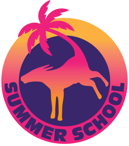 Mule Summer School logo with a tropical gradient . The mule tale is a palm.