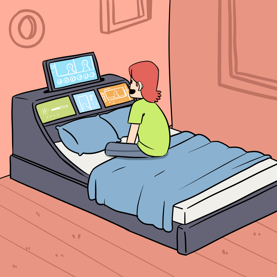 A man is sitting on a futuristic looking bed which has multiple screens showing different kinds of information. Some look like a video call, some look like watching a video and on elooks like it shows the temperature.