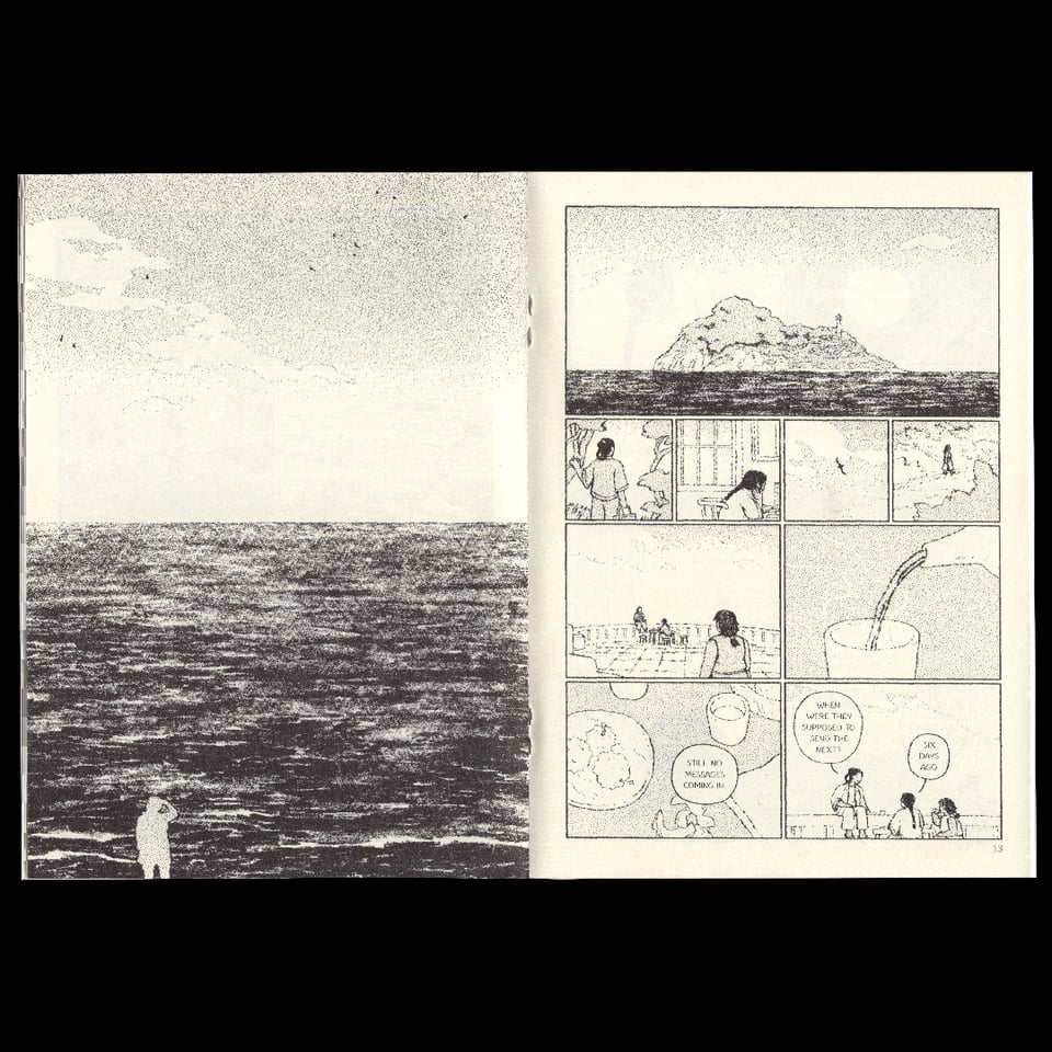 A comic spread: on the left is a full page of the sky over the ocean, a silhouette looking out over the perfectly centered horizon. On the right, 3 people on an island go about various tasks, and meet on a terrace for a meal.