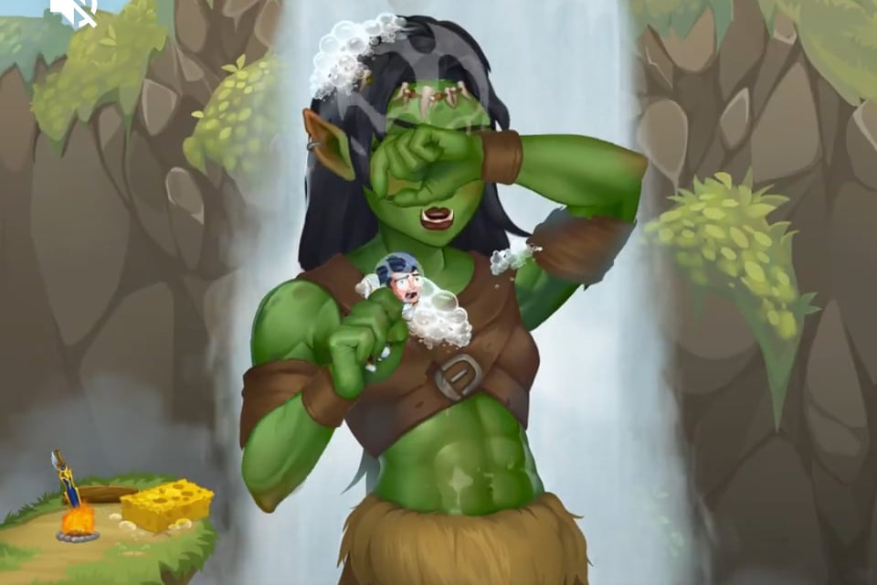 The knight has been grabbed by the gigantic female ogre, who is both covered in suds and still dressed in leather armor. She wipes her eyes with the back of one hand while the knight shrieks in distress in her other hand, while she rinses off under a waterfall.