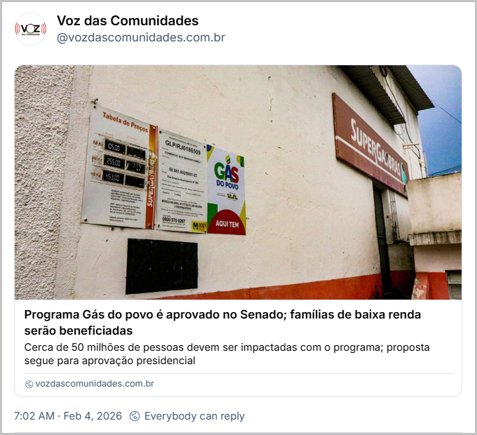 Post de Voz das Comunidades (@vozdascomunidades.com.br) com link para a notícia “Programa Gás do povo é aprovado no Senado; famílias de baixa renda serão beneficiadas”