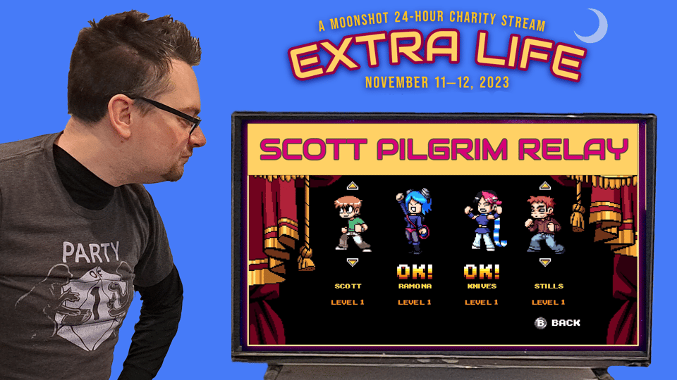 Jeff Stormer photoshopped in front of a TV playing the Scott Pilgrim Relay Race block from Extra Life