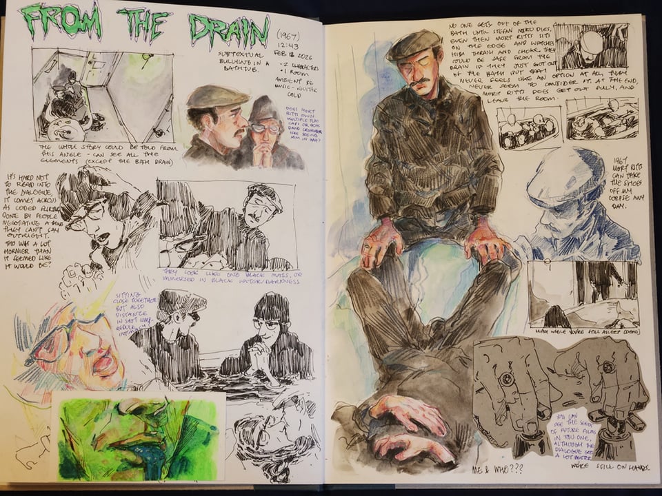 Sketchbook page about David Cronenberg's short film, From The Drain.