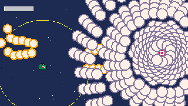 Bullets being fired by enemy with small pixel art frog head dodging them