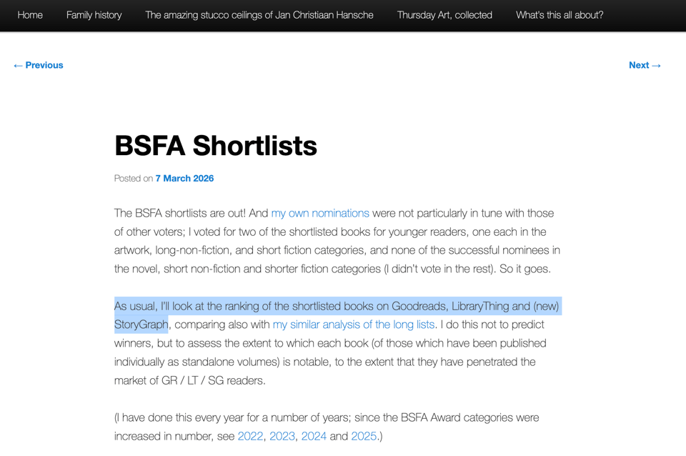 A blog post titled “BSFA Shortlists” (7 March 2026) references comparing shortlisted books’ rankings across Goodreads, LibraryThing, and StoryGraph.