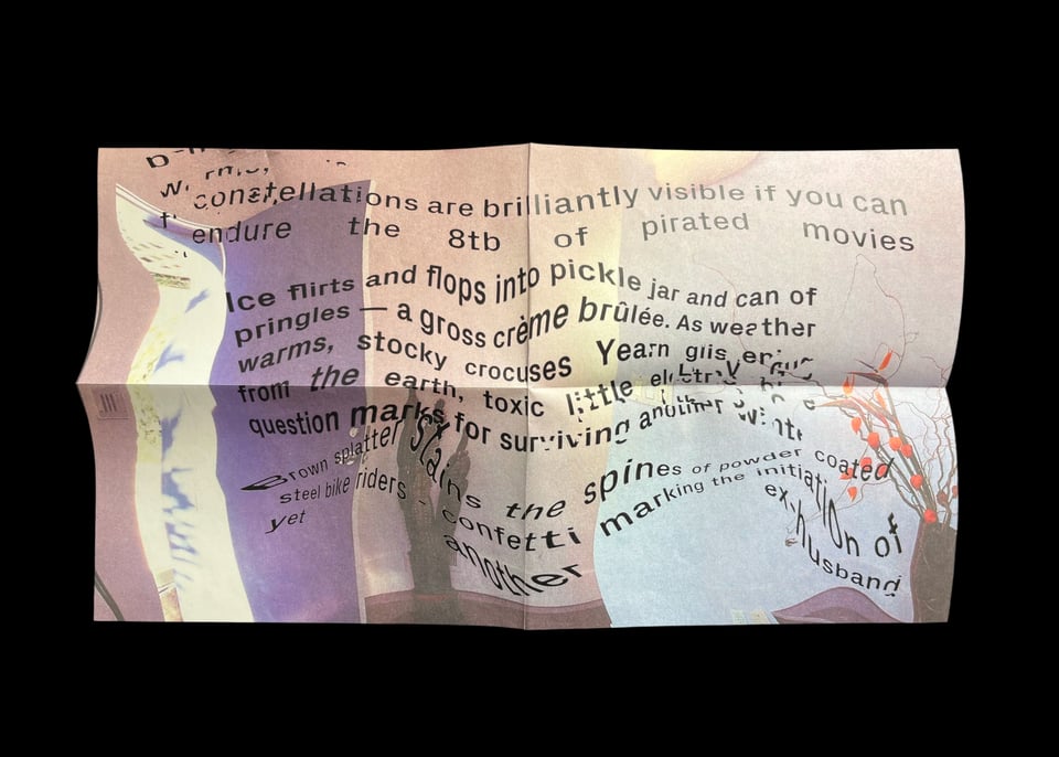 A scan of a horizontal poster. The image of a domestic scene in the background looks wavy and dream-like, almost like it’s underwater, and the type overlaid on the image is also stretched and distorted.