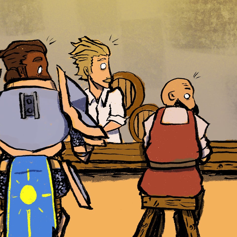 Ser Meghan, Jonathan and Smithy all stare in shock across the tavern bar.