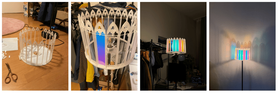 A collage of 4 photos showing the progress of putting the lamp together with the reflective window panes and it casting coloured shadows when lit