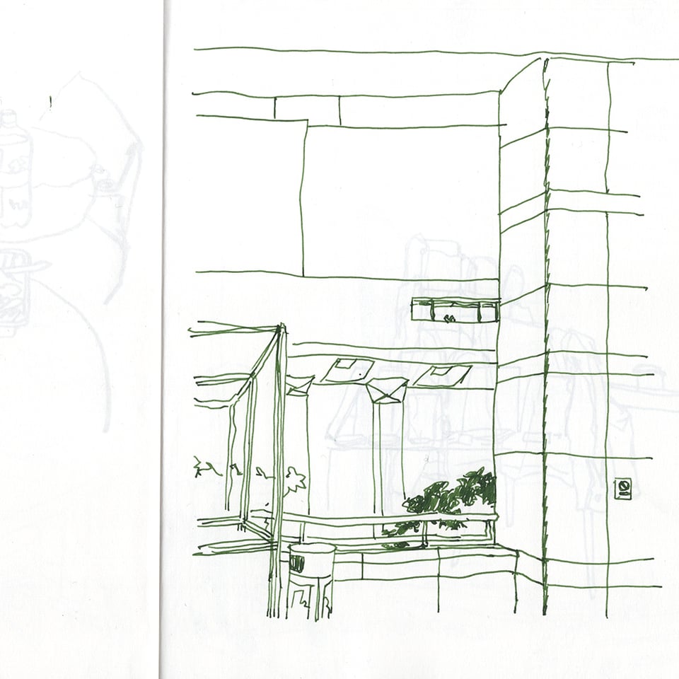 sketch of the exterior waiting area of a theater