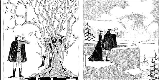 The Tainted Cup art depicting two scenes from the book. First, the protagonist investigates a body torn apart by a large tree growth, and second he investigates a broken wall with a monoscope.