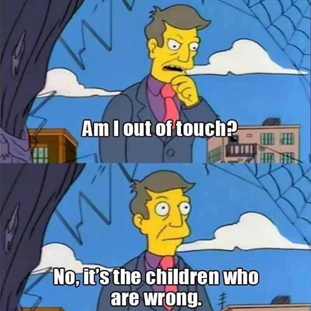 Screenshots from Simpsons episode. Principal Skinner is speaking to himself. In the top frame he asks "Am I out of touch?" holding his hand to his chin in a classic thinking pose. In the bottom from he says "No, it's the children who are wrong."