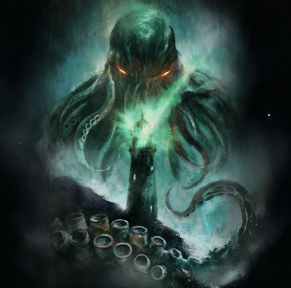 Fogfest promotional art shows a giant evil kraken with glowing eyes wrapping its tentacles around a glowing green lighthouse