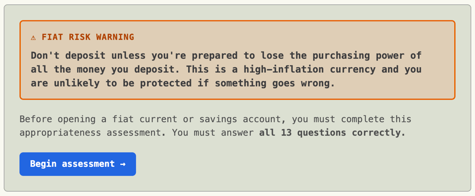 The risk warning before the Fiat Appropriateness Assessment.
