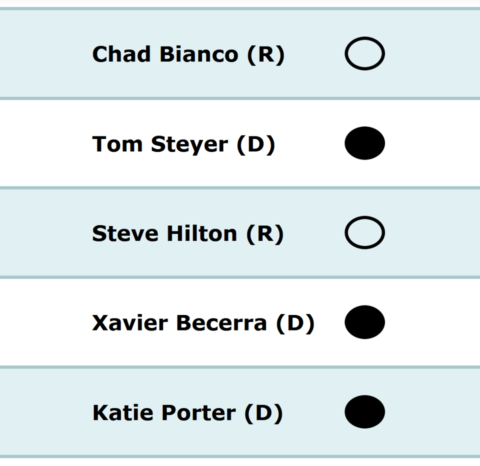A list of political candidates with their party affiliations, featuring checkboxes next to each name for voting purposes. Multiple boxes are checked.