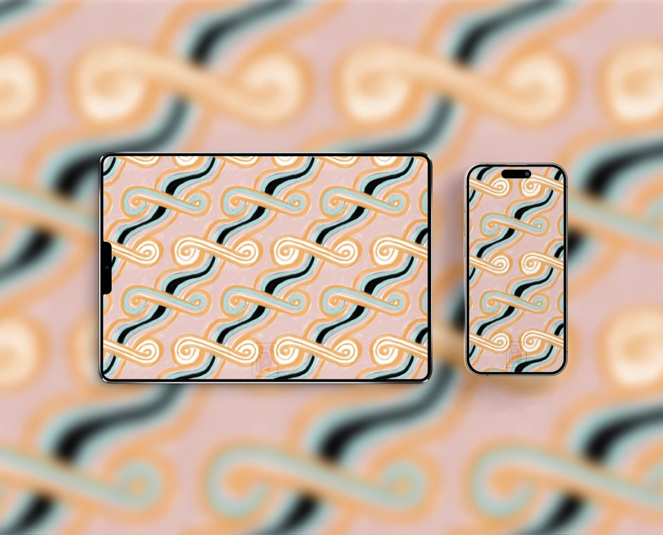 A tablet and a phone with a pink, white, mint green, gold, and dark gray wavy/spiral repeated pattern