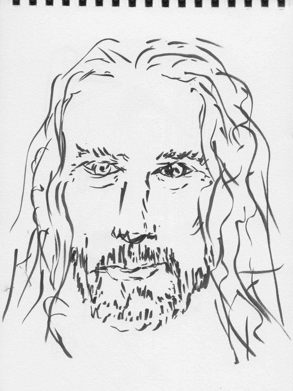 b/w image of brush-pen drawing of a man's face. He has long hair and a trim beard, and apparently awesome eyebrows