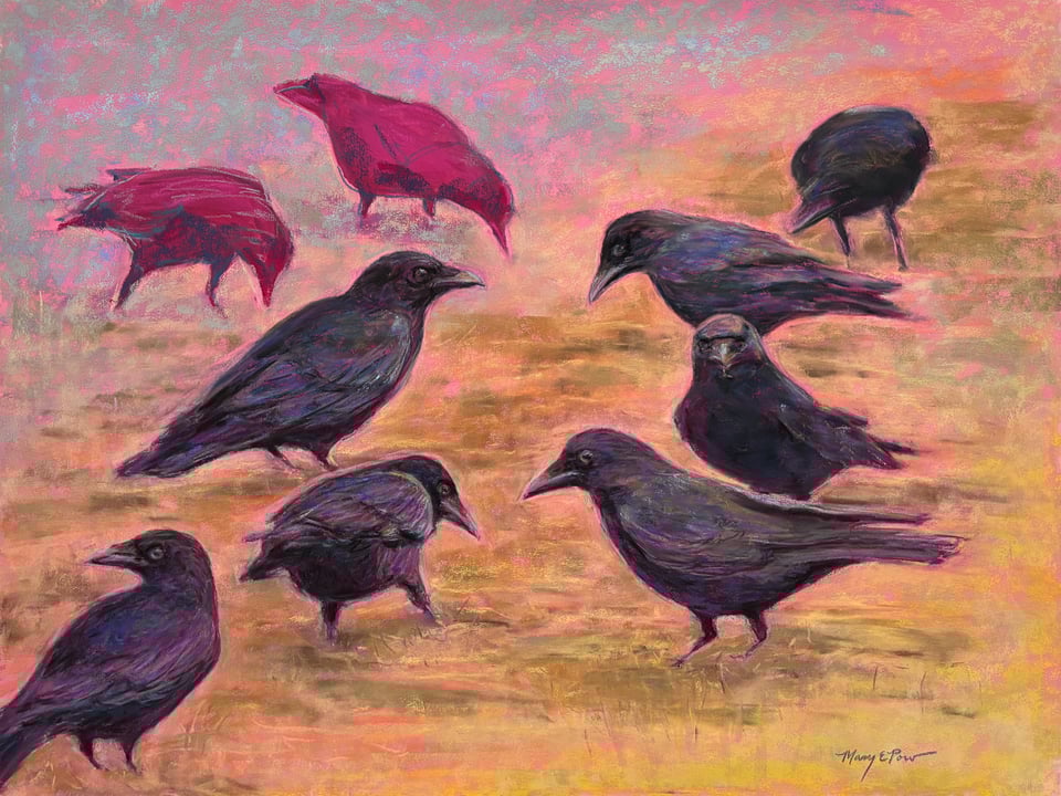 pastel painting of a group of crows