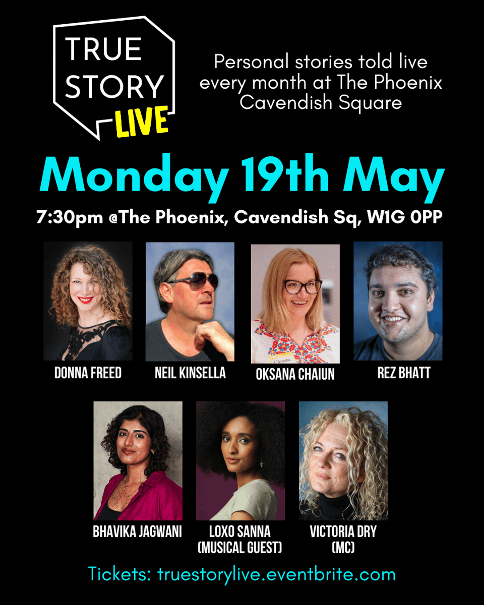 Poster with headshots of the May 19 storytellers for True Story LIVE