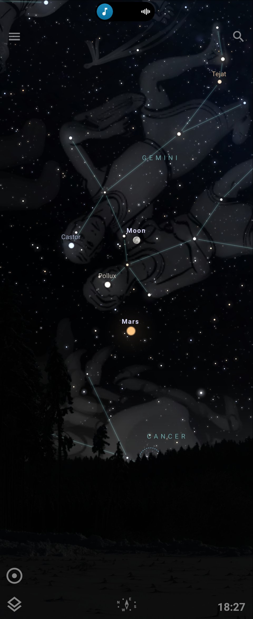 A chart showing Mars near Castor and Pollux