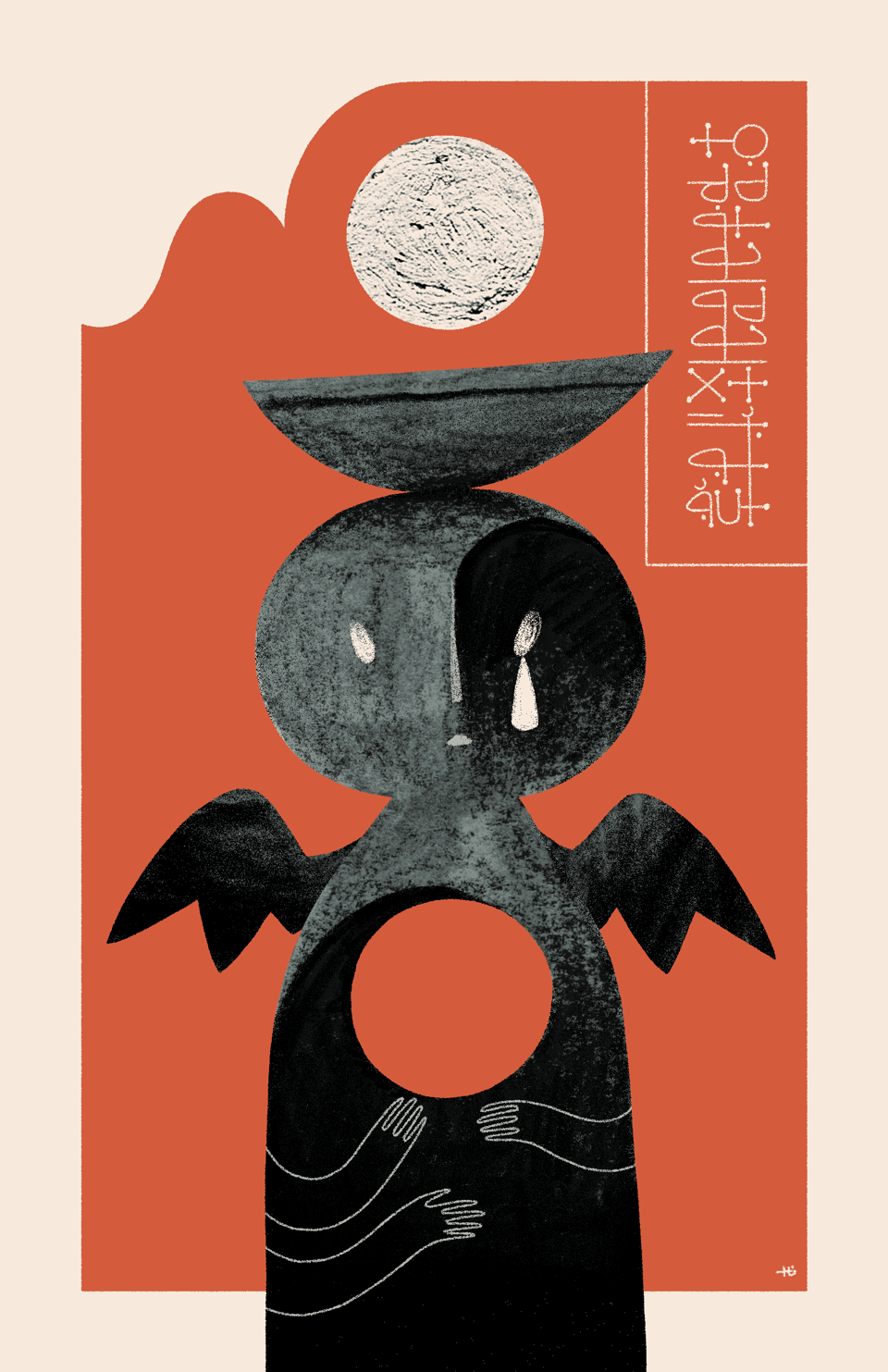 A simple angelic figure faces the viewer and sadly gestures to a hole in their body with their three arms. They have a bowl on their head and a halo above. The background is a warm red with a cloud-like cutout in the upper left and Wormrōte in the upper right.