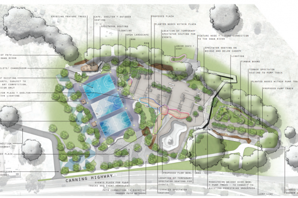 Landscape diagram of the planned Active Area, including multi-use courts, skate bowl, and junior skate and scoot area.