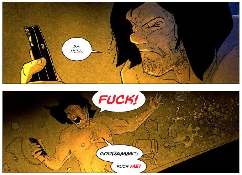 panels from Medieval #1, showing shirtless Danny Landau trying to charge his phone and getting angry when he can't — "goddammit! fuck ME!"