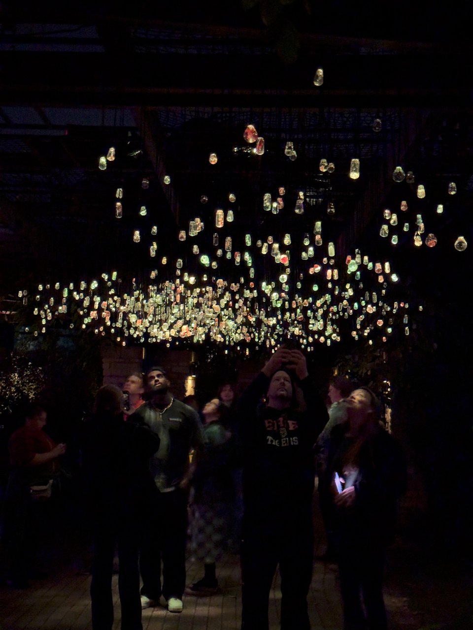 Night photo of crowd looking up at small lights