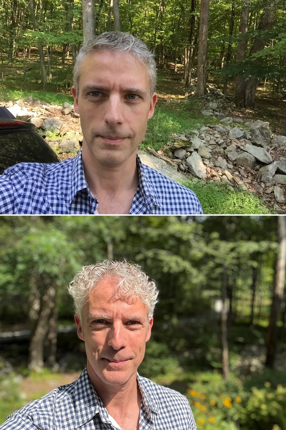 two selfies, one above the other, of the same white man in a blue gingham dress shirt in a wooded area; the top one is from 2016, the bottom from 2026; the the top is in the shade, while the bottom has direct sunlight, so the man is squinting.