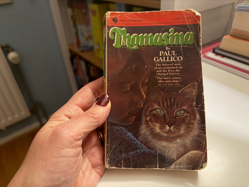 A hand holds the book "Thomasina" by Paul Gallico