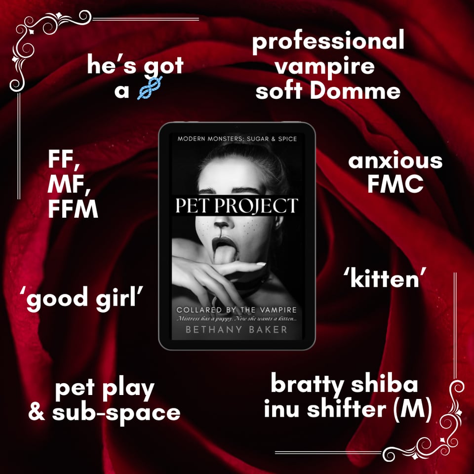 Matching the style of the color reveal graphic, this trope graphic lists the following tropes: He's got a knot, professional vampire soft Domme, anxious FMC, 'kitten', bratty Shiba Inu shifter (M), pet play & sub-space, 'good girl', FF MF & FFM