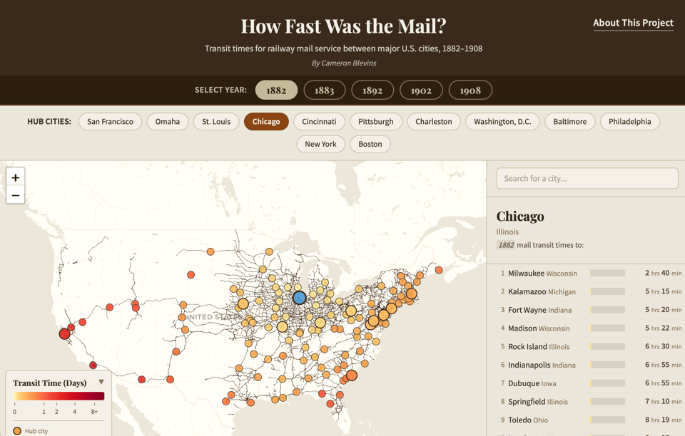 A map of the United States shows each city as a circle, and a chart shows how long it took to send a piece of mail in 1882, 1883, 1892, 1902, and 1908
