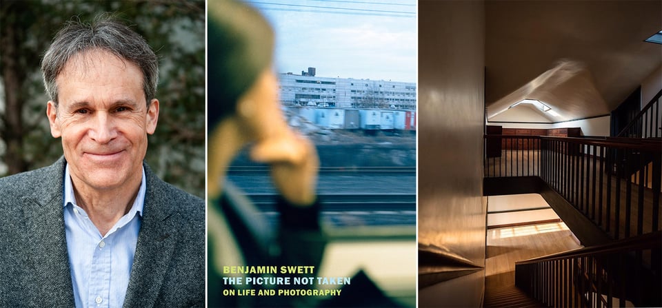 3 photos: left, author Benjamin Swett; center, the cover of Benjamin's book, THE PICTURE NOT TAKEN; right, a photo of light coming through windows in a Shaker building