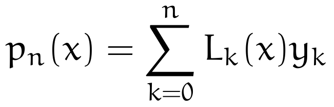 We obtain the Lagrange approximation function by multiplying each Lagrange polynomial, indexed by its term k, by each known dependet variable, indexed by k, then taking the sum total value.