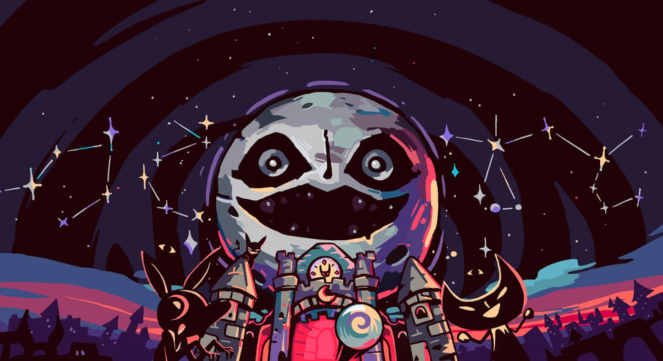 A colorized drawing for the videogame Devils on the Moon, showing small characters in the front, an entrance ot a castle, a night sky, and a big moon with a mouth and eyes.
