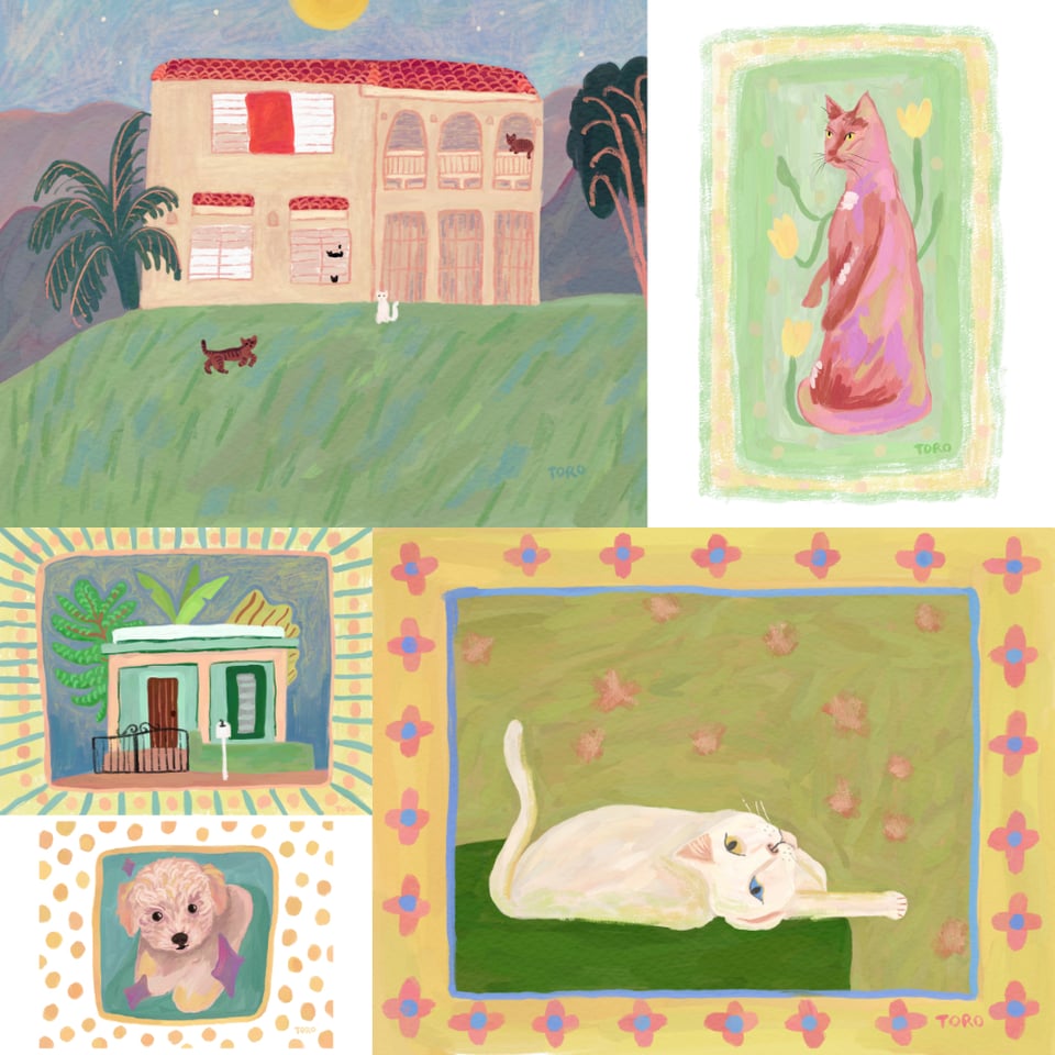 A collage of examples of pet & facade illustration commissions