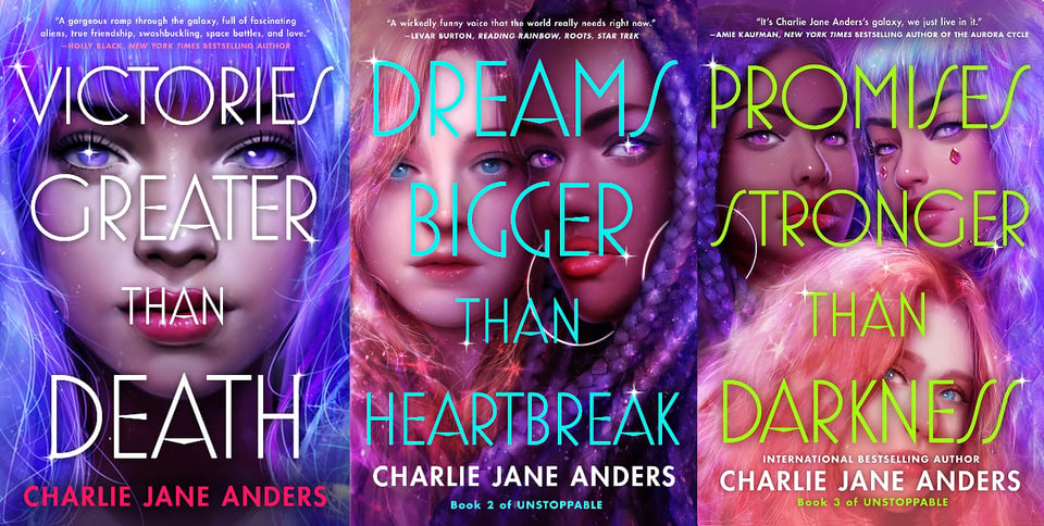 The covers of the Unstoppable trilogy featuring sparkly eyes and purply hair