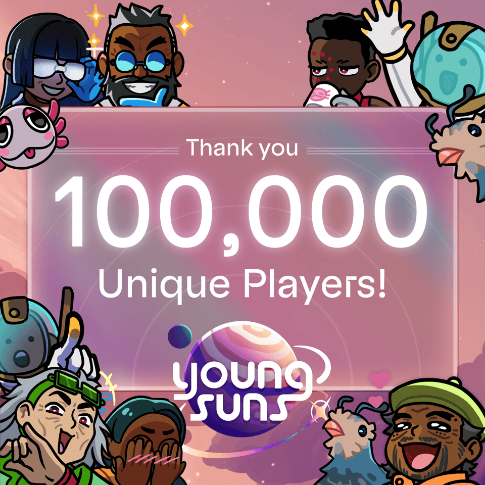 a square banner image that reads "Thank You 100,000 unique players!" and the Young Suns logo. It is framed with a bunch of characters from the game